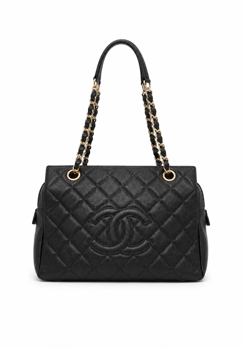 Pre-owned Chanel Petit Shopping Tote in black quilted leather with gold-tone hardware, authenticated by MIKUN — view 1 of 3