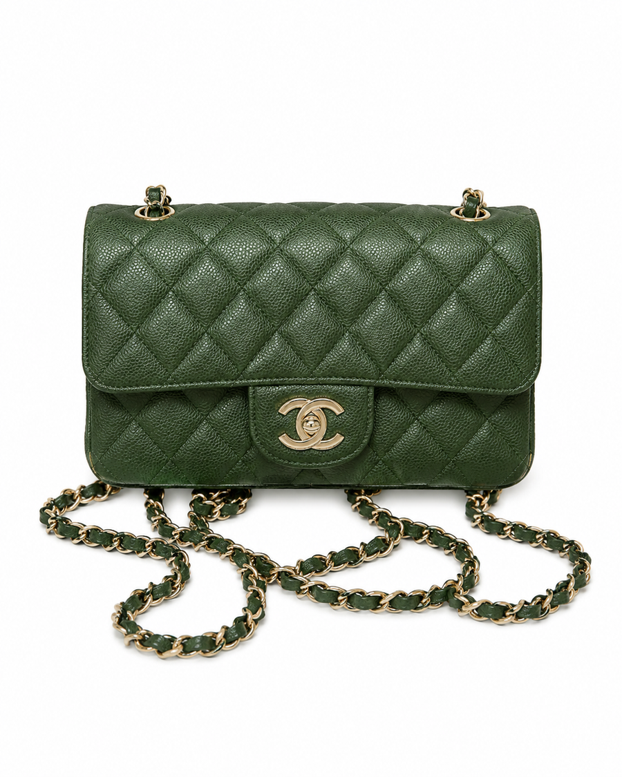 CHANEL Classic Mini Flap Bag Green Quilted Leather Silver Tone Hardware