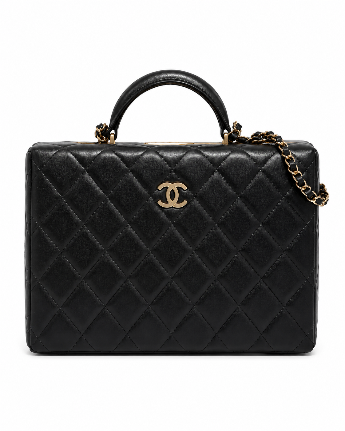 CHANEL Quilted Top Handle Camera Bag Black Leather Gold Tone Hardware