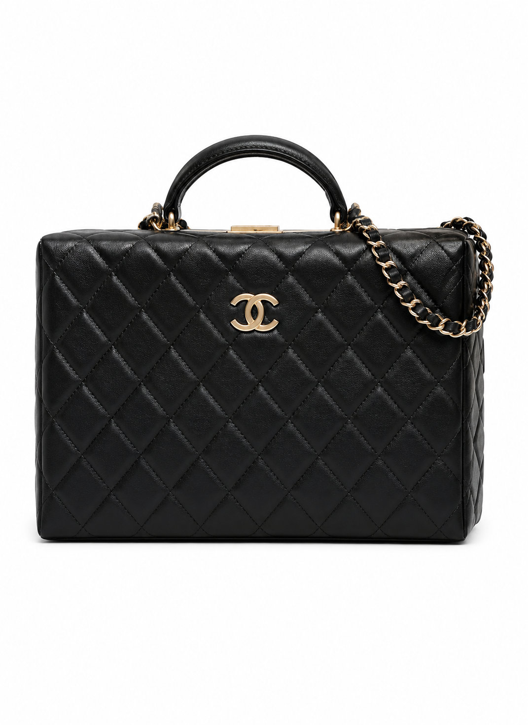 CHANEL Quilted Top Handle Camera Bag Black Leather Gold Tone Hardware