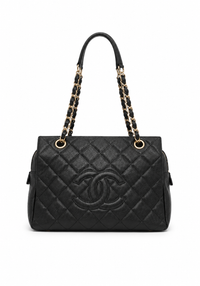 CHANEL Petit Shopping Tote Black Quilted Leather Gold Tone Hardware