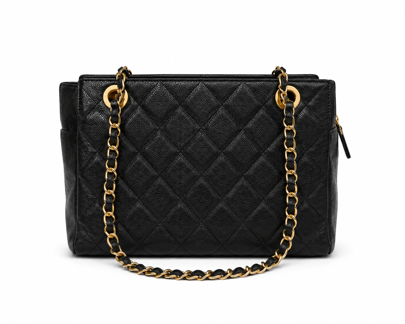 CHANEL Petit Shopping Tote Black Quilted Leather Gold Tone Hardware