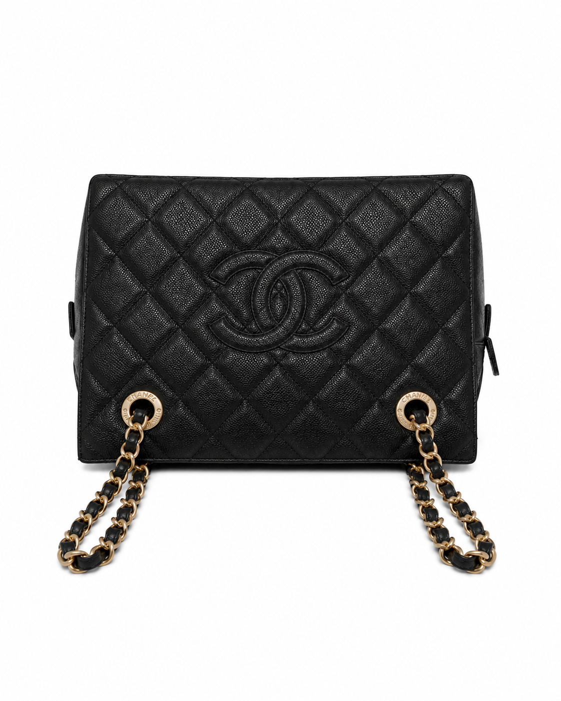 CHANEL Petit Shopping Tote Black Quilted Leather Gold Tone Hardware