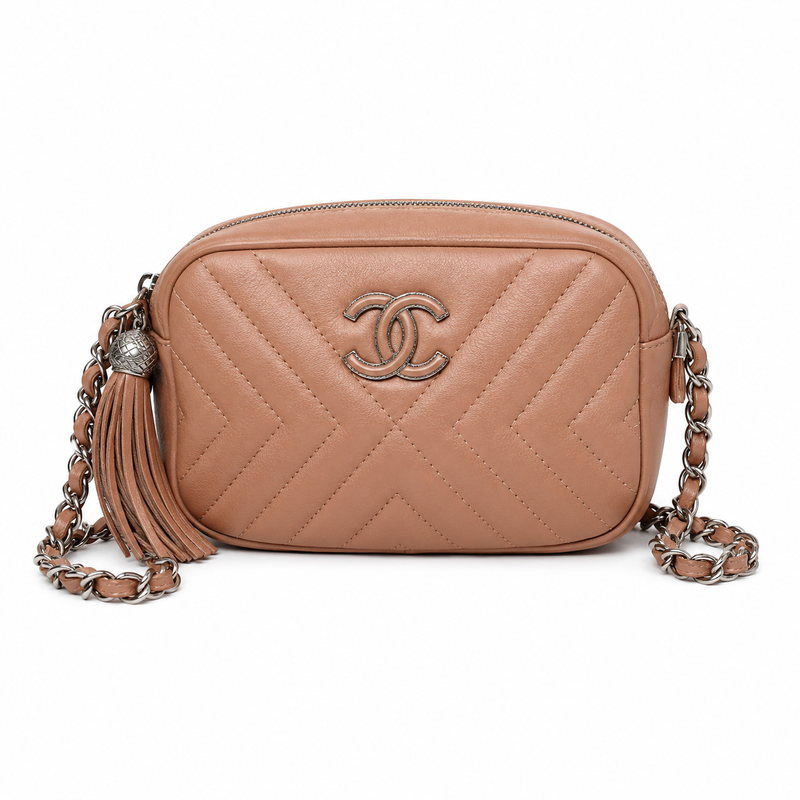 CHANEL Chevron Quilted Tassel Camera Bag Beige Leather Silver Tone Hardware