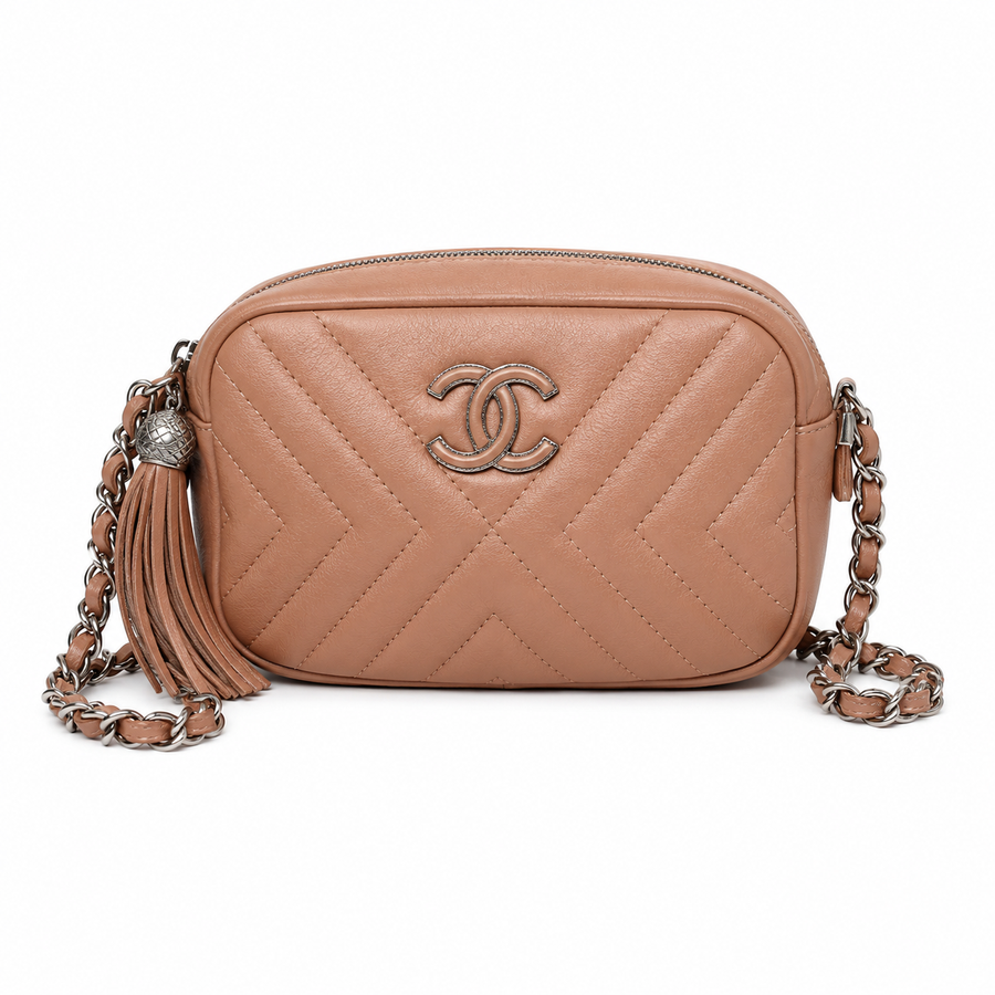 CHANEL Chevron Quilted Tassel Camera Bag Beige Leather Silver Tone Hardware