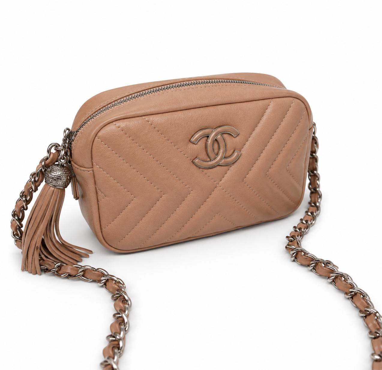 CHANEL Chevron Quilted Tassel Camera Bag Beige Leather Silver Tone Hardware