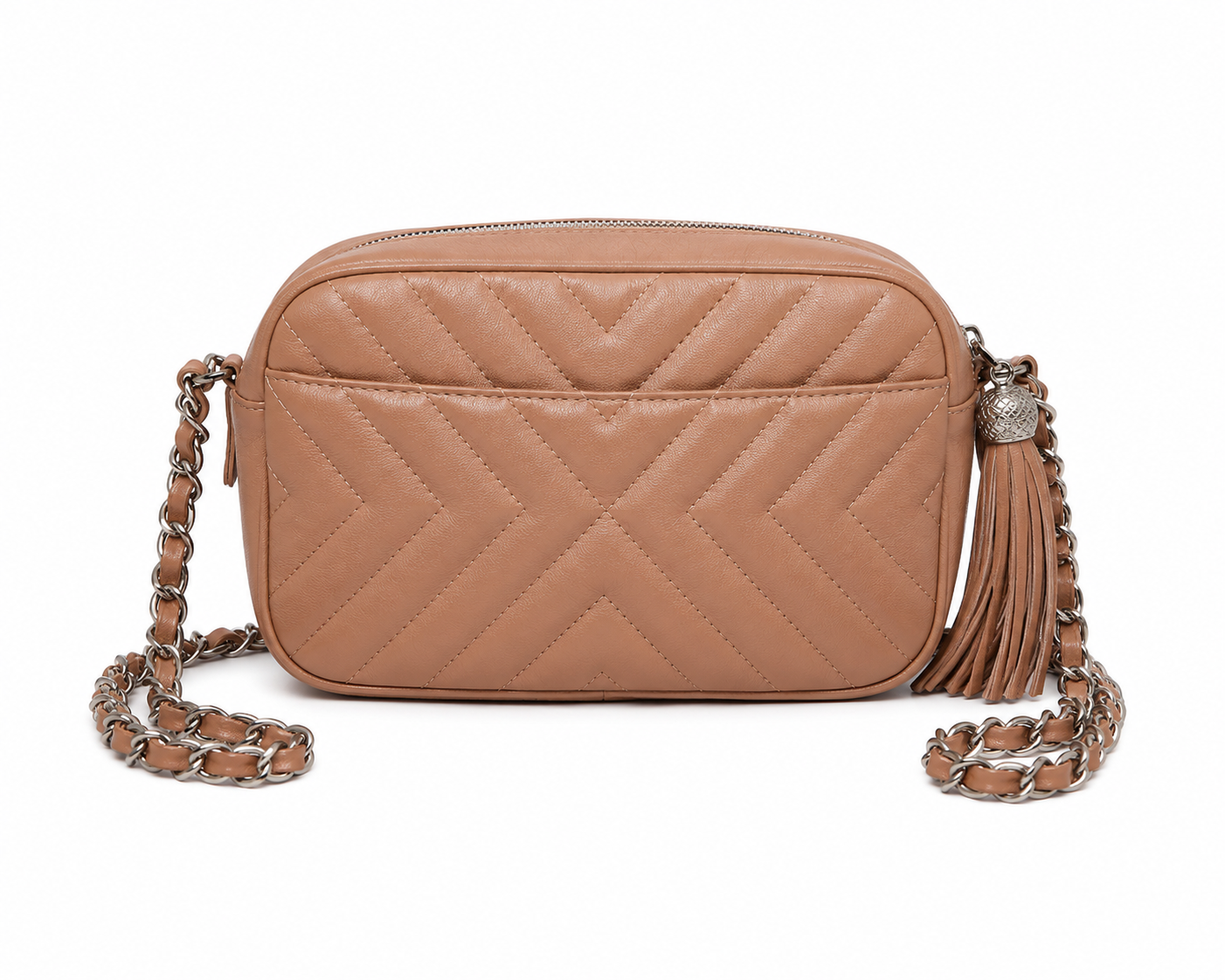 CHANEL Chevron Quilted Tassel Camera Bag Beige Leather Silver Tone Hardware
