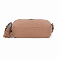 CHANEL Chevron Quilted Tassel Camera Bag Beige Leather Silver Tone Hardware