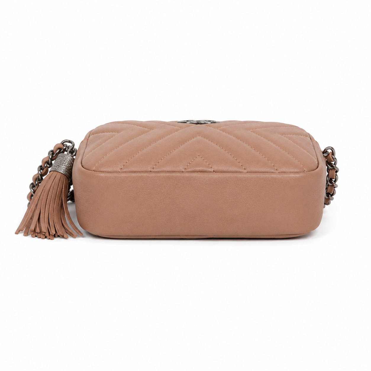 CHANEL Chevron Quilted Tassel Camera Bag Beige Leather Silver Tone Hardware