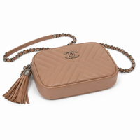 CHANEL Chevron Quilted Tassel Camera Bag Beige Leather Silver Tone Hardware