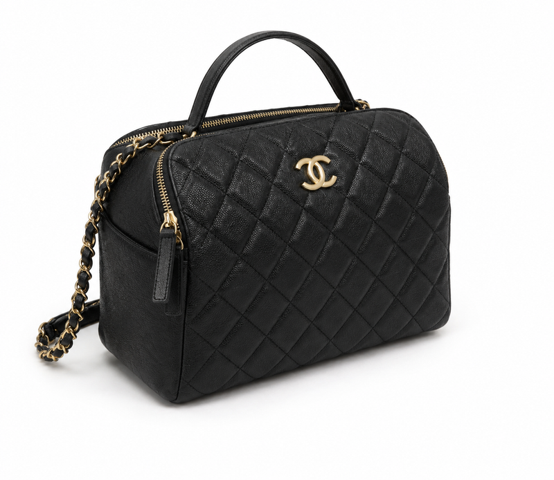 CHANEL Bowling Bag Black Quilted Leather Gold Tone Hardware