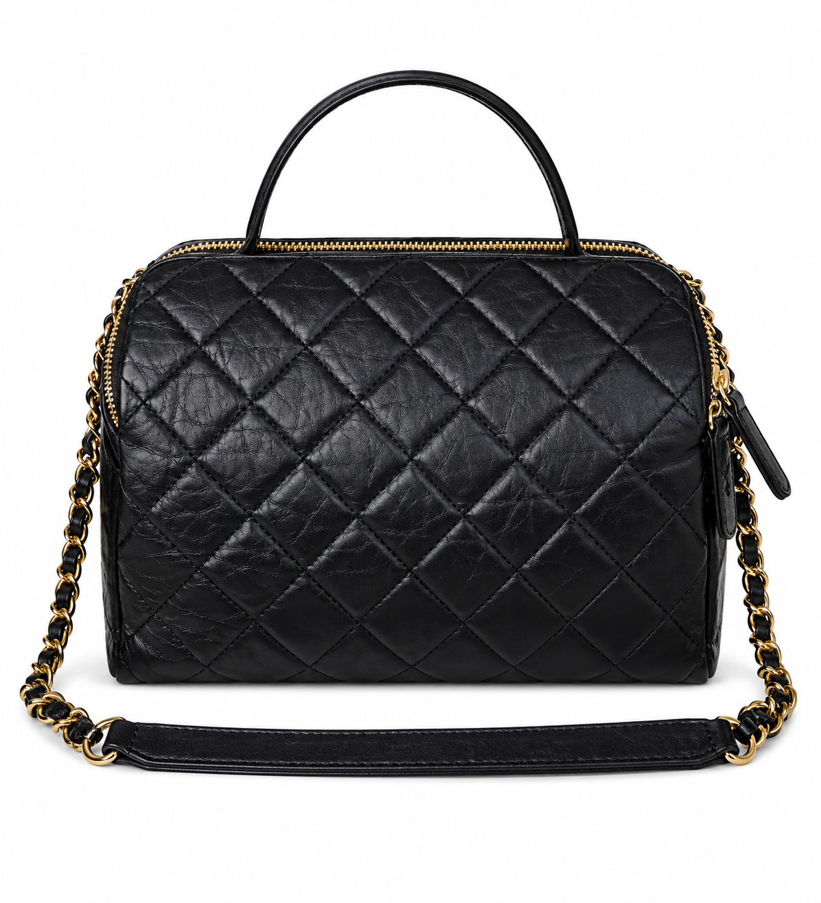 CHANEL Bowling Bag Black Quilted Leather Gold Tone Hardware