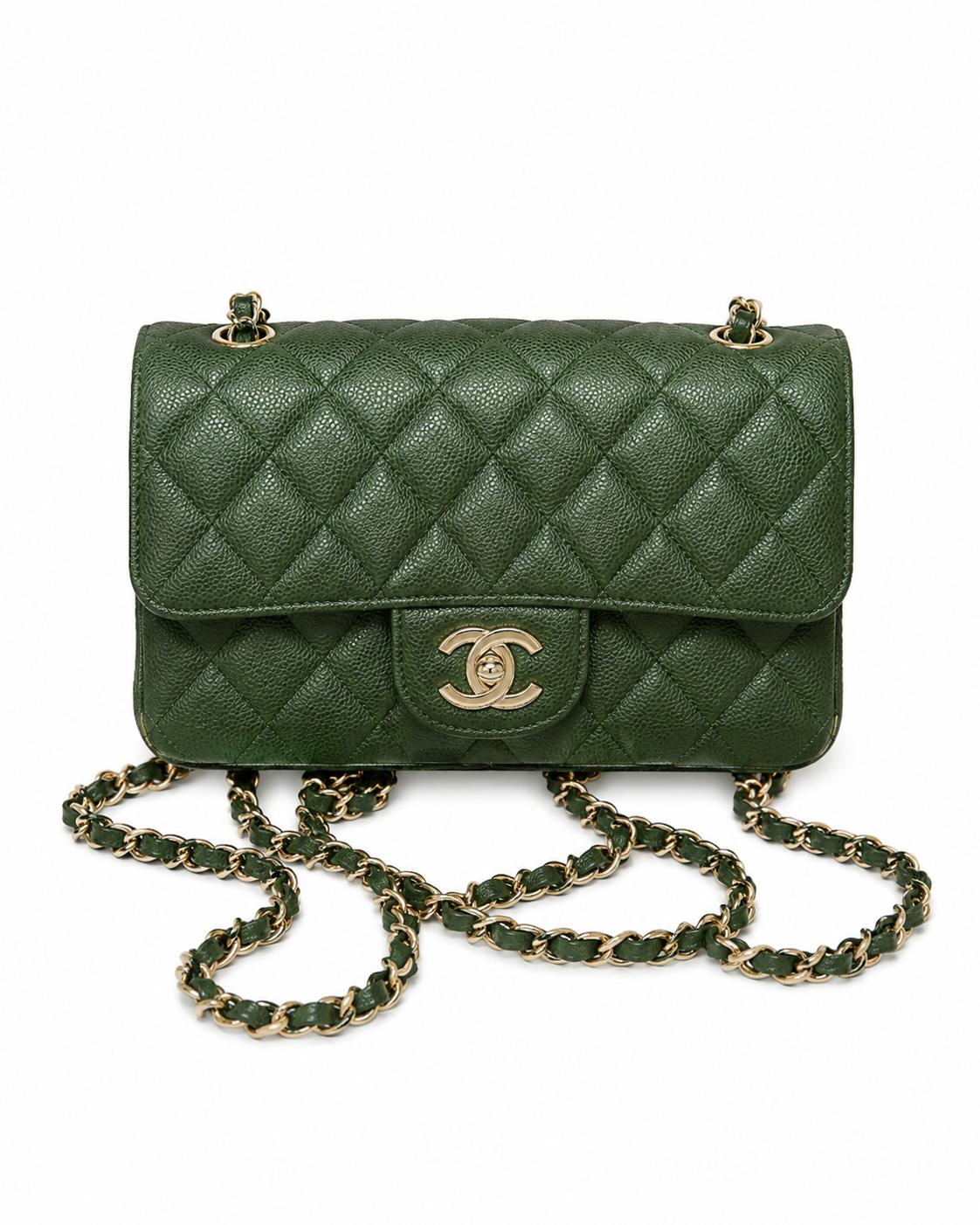 CHANEL Classic Mini Flap Bag Green Quilted Leather Silver Tone Hardware