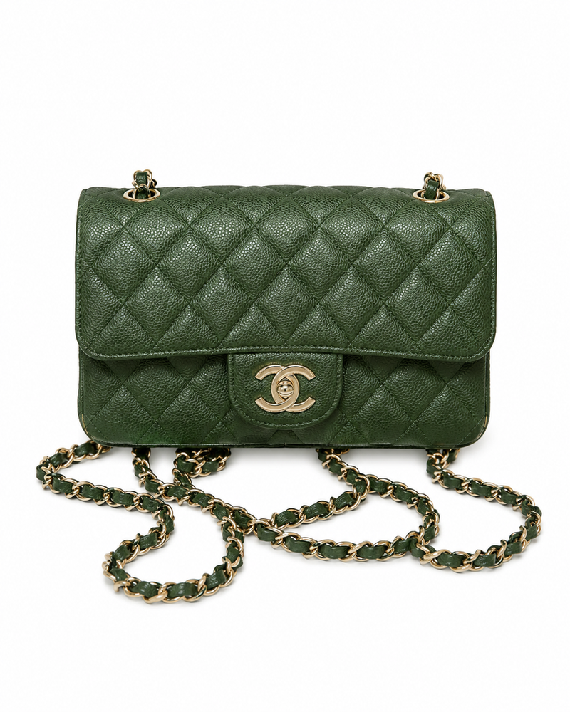 CHANEL Classic Mini Flap Bag Green Quilted Leather Silver Tone Hardware