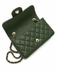 CHANEL Classic Mini Flap Bag Green Quilted Leather Silver Tone Hardware