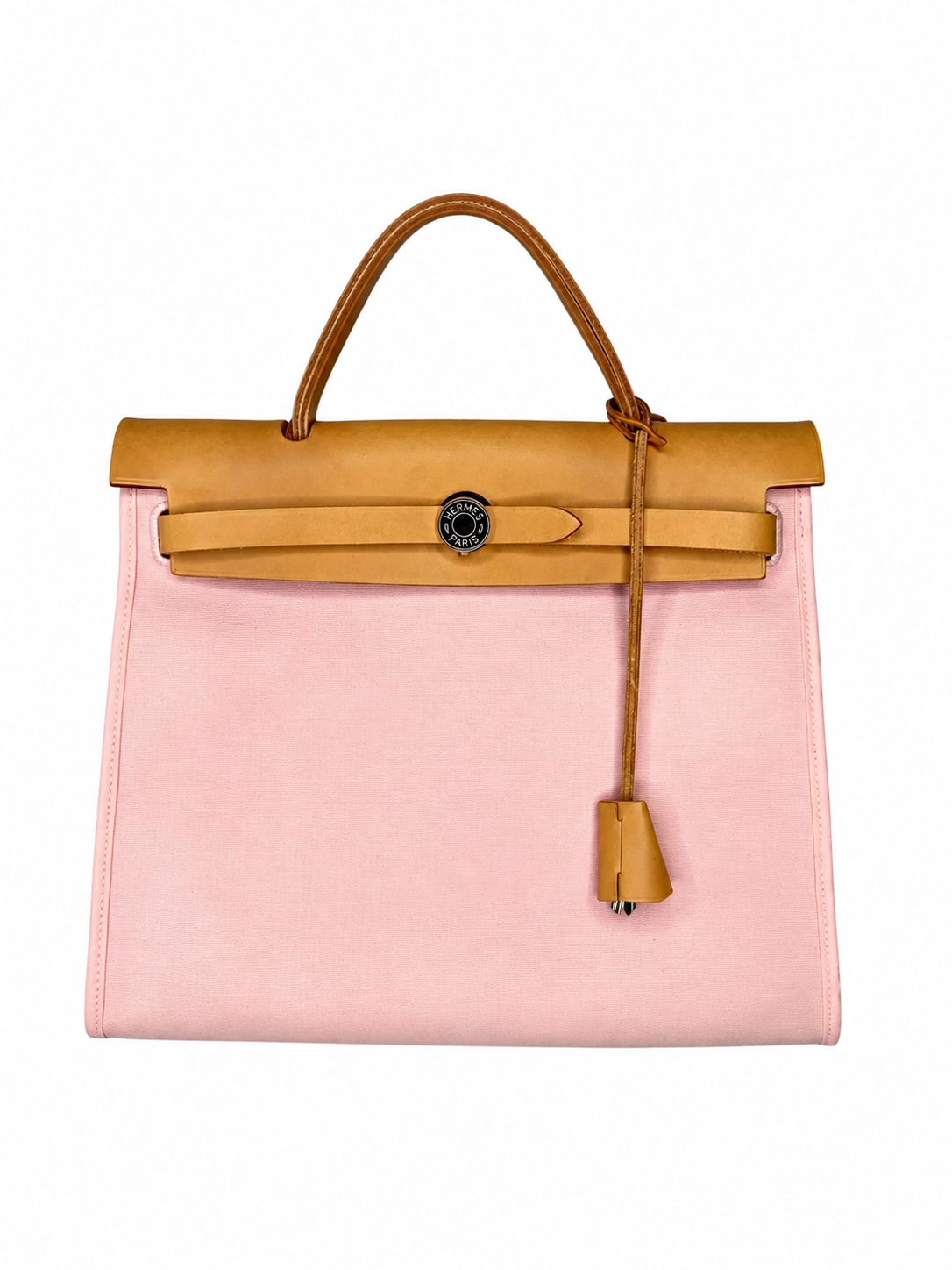 Pre-owned Hermès Herbag Zip 31 in pink canvas with natural Vache Hunter leather, front view showing the Clou de Selle closure and clochette, authenticated by MIKUN