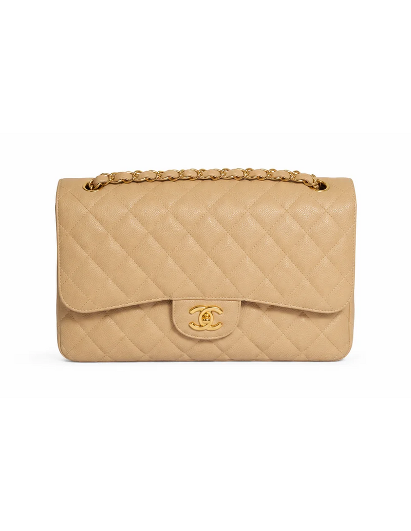 CHANEL Jumbo Classic Double Flap in Beige Clair Caviar, front view