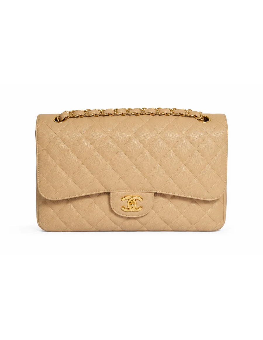CHANEL Jumbo Classic Double Flap in Beige Clair Caviar, front view